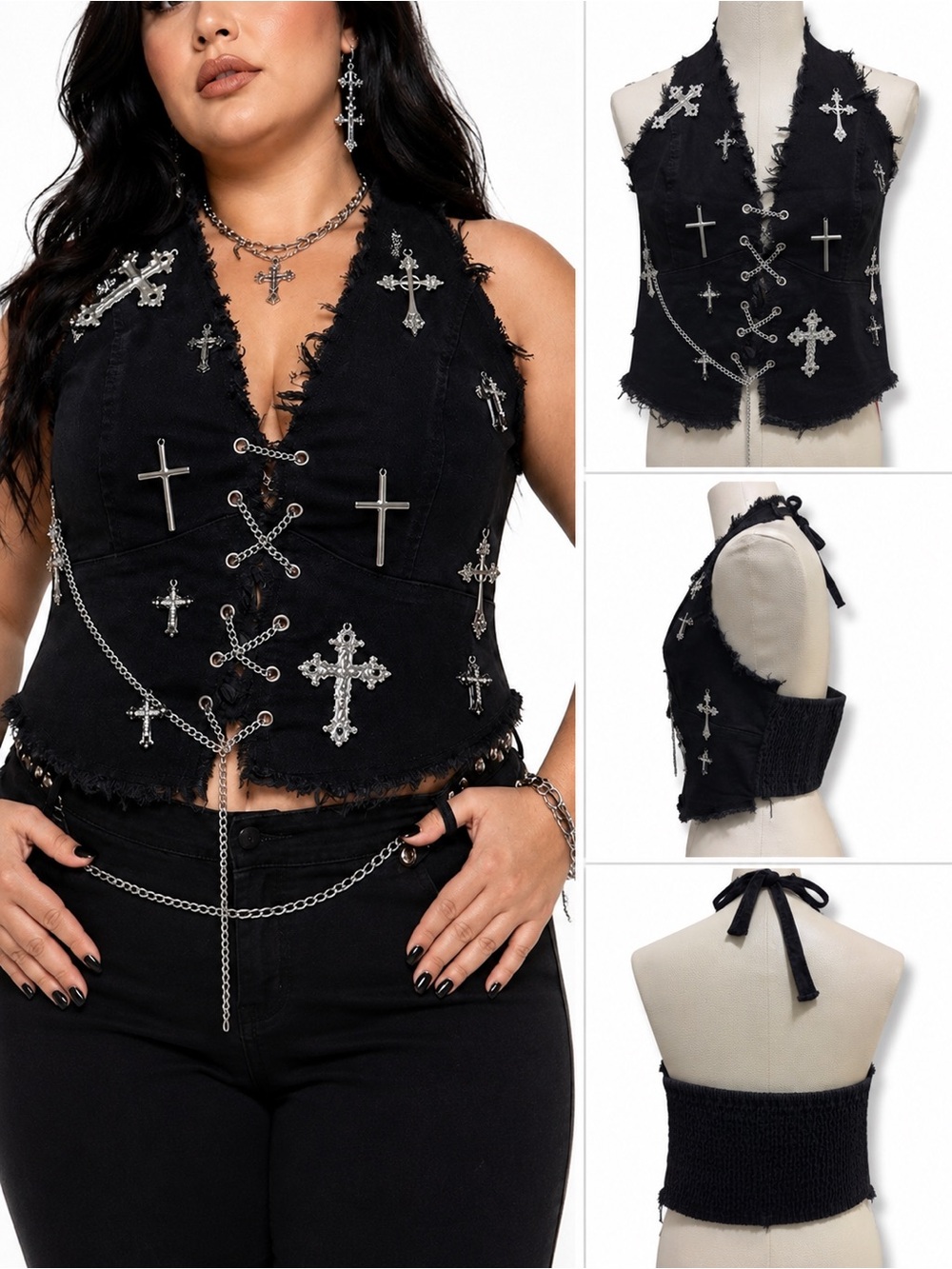 ROMWE | NWT Black Gothic Studded Cross Chain Lace-Up Halter Corset Vest (XL)